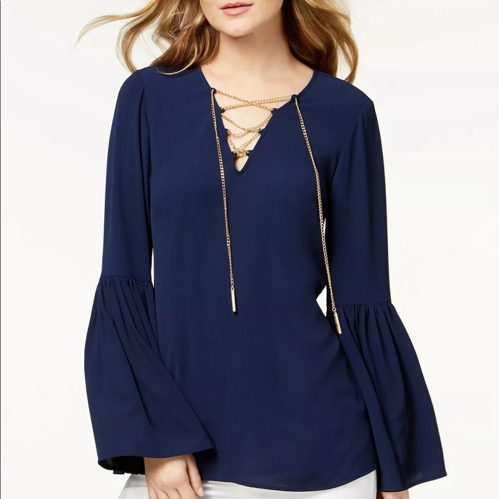 Michael Kors navy blue bell sleeve blouse top medium long sleeve shirt